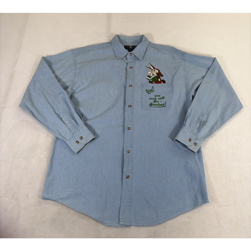 Vintage 1995 Warner Bros. Studio Store Wile E. Coyote Genius Denim Shirt Large - Picture 1 of 14